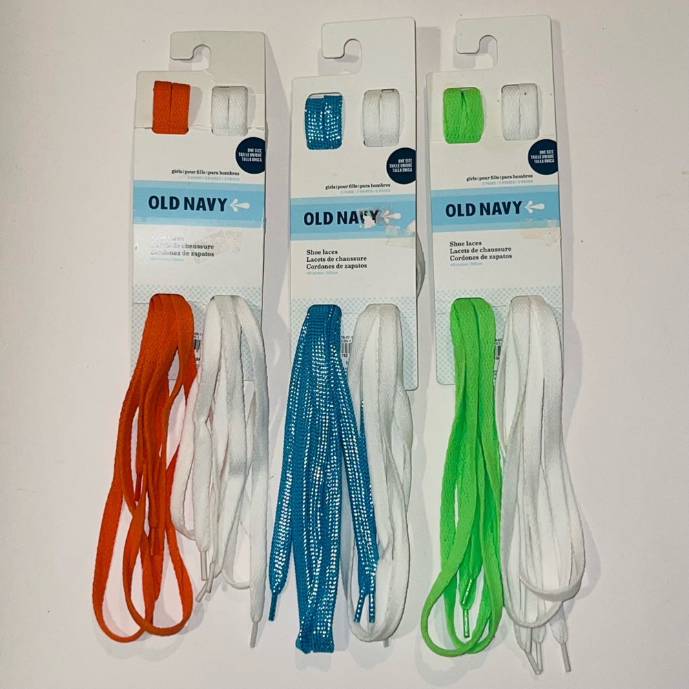 Old Navy, Green & White, Metallic Blue & White or Orange & White Shoe Laces